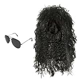 SKHAOVS 2 Stück Schwarzes Rocker Perücke Set 80er Disco Perücke Sonnenbrille Punk Popstar Perücke Vokuhila Perücke Lockige Perücke Hippie Kostüm Perücke für Party Halloween Karneval (2 Stück)
