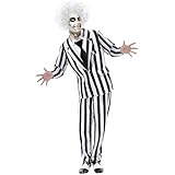 Boyigog Horror Herren Schwarz-Weiß Gestreiftes Kostüm Set mit Perücke, Krawatte, Horror Film Charakter Kostüm, Halloween Karneval Fancy Dress up Cosplay Kostüm(XL)