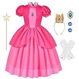 Aomig Prinzessin Peach Kostüm, 6-Teiliges Rosa Peach Kostüm Prinzessinnenkostüm mit Krone, Ohrringen, Handschuhen, Brosche und Zauberstab, Geeignet für Princess Peach Showtime an Halloween(130)