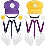 Orgoue Super Brothers Kostüm Zubehör, Super Bros Hut Schnurrbart Handschuhe Knöpfe Hosenträger Set für Erwachsene Kinder Frauen Cosplay (mischen)