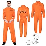 Sträfling Kostüm Herren Damen Orange Prisoner Costume – Häftling Kostüm Orange mit Handfesseln – Gefangener Overall für Halloween, Karneval, Cosplay und Party für Erwachsene-M