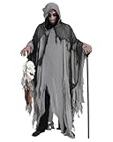 Halloween Umhang mit Kapuze | Grau - Gruseliges Ghul Tod Zombie Geister Kostüm Robe Cape Gewand Cosplay Fasching Vampir Mittelalter Verkleidung Karneval