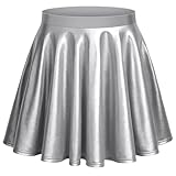 Aomig Mädchen Basic Solid Vielseitige Metallischer Faltenrock Outfits Damen Kurze Informell Mini Skater Rock Dehnbaren Glocken Rock Cosplay Party 80er Festival Kostüm Silber Hohe Taille Plisseerock(L)