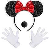 iZoeL Mini Maus Haarreifen mit Glitzer Maus Ohren Schleife + Handschuhe + Nase, Damen Mädchen Karneval Fasching Kostüm