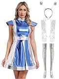 Miutii Damen Alien Kostüm Metallic Kleid + Haarreif + Socken + Handschuhe Space Girl Kleid Weltall Astronauten Kostüm Halloween Karneval Fasching Blau L