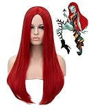 Perücke Rot Lang haar für Frauen Kinder Cosplay Kostüm Perücken mit Perücke Kappe Glatt Kunsthaar für Sally Wig Damen 70CM 056
