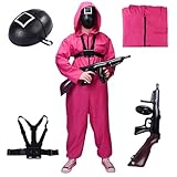 4 in 1 - Squid Game Set Erwachsene für Fasching & Karneval & Halloween - Kostüm mit Anzug & Gewehr & Maske - (170-190cm) 2XL