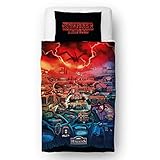 Stranger Things Character World Offizieller Einzelbett-Bettbezug | Hawkins Stadtkarte Design, wendbar, pflegeleicht, 2-seitiges Bettwäsche-Set mit passendem Kissenbezug, mehrfarbiger Druck