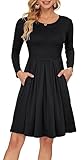 AUSELILY Damen Langarm Plissee Loose Swing Freizeitkleid mit knielangen Taschen Schwarz M