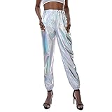 Damen Metallic Hose Glänzend Wetlook Cargohose Sporthose 80er Jahre Kleidung 90er Jahre Outfit Hologramm Hip Hop Leggings Jogginghose Sweathose Tanzhosen Party Disco Nachtclub Clubwear Silber S