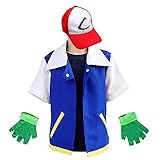 PUYYDS Männer Anime Blaue Jacke Jungen Mädchen Ash Ketchum Cosplay Kostüm für Halloween Frauen Trainer Mütze und Handschuhe Verstellbare Baseballmütze, Beige, XL