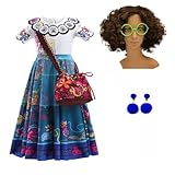 Yigoo Encanto Kostüm Mädchen Mirabel Madrigal Prinzessin Kinder Outfit Karneval Party Halloween Fest Weihnachten Verkleidung mit Tasche Perücke Brille Ohrring 130