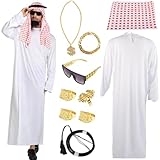 Aitsite Scheich Kostüm Herren, Kostüm Scheich Araber, Arabisches Weißes Gewand Mit Kopftuch, Sultan, Faschingskostüme Dubai Regal Suit, Finger Ring, Halsketten, Sonnenbrillen Für Party, Cosplay (XL)