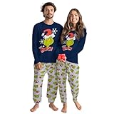 United Labels Grinch Schlafanzug für Damen und Herren, Blau Grau, XL, Pyjama Set lang, Schlafanzug Winter Weihnachten