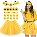 BOFUNX Damen Sonnenblumen Kostüm, Tutu Rock Tüllrock + Sonnenblumen Stirnband Haarschmuck + 25pcs Sonnenblumen Blütenköpfe für Karneval Mottoparty Cosplay