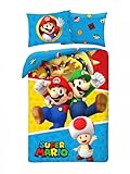 Bettwäsche-Set Super Mario mit Luigi Toad Bowser – Bettbezug 140 x 200 cm mit Kissenbezug 70 x 90 cm – 100 % Baumwolle, mehrfarbig