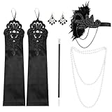 KEWUZY 5 Teiliges 20er Jahre Accessoires, Great Gatsby Accessoires Flapper Set, Charleston Accessoires Damen, mit Flapper Stirnband Handschuhen Perlenkette Ohrringen für Halloween Weihnachten