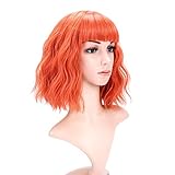 VCKOVCKO Kurze Bob Perücken Pastell Wellige Perücke Mit Luft Pony Schulterlange Perücken Lockige Wellige Synthetische Cosplay Perücke Pastell Perücke Für Mädchen Bunte Kostüm(12',Orange)