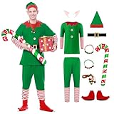 Angenster Weihnachtself Kostüm Set, 14 Stück Weihnachtskostüm Elfen Kostüm Wichtel Kostüm Weihnachts Outfits mit Hut Gürtel Ear Krücken Armband Halskette, Weihnachts Kostüm für Familie (Herren, XL)