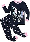 EULLA Kinder Mädchen Schlafanzüge Langarm Baumwolle Winter Pyjama Set Glow in The Dark Einhorn Zweiteilig Nachtwäsche 92 98 104 110 116 122 128 134 140 A-dunkelblau Glow in The Dark Einhorn DE 122