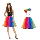 Conponous Regenbogen Kostüm Damen, 50er Faschingskostüme Damen Elastischer Taillen Bunter Tüllrock Damen mit Feder Regenbogen Haarreif für Karneval Kostüm Fasching Halloween Mottoparty