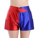 Ledershorts Damen Kunstleder Hotpants Sexy Metallic Wetlook Lack und Leder Shorts Gym Sporthose Kurze Hose Frauen Festival Rave Pole Dance Outfit Halloween Karneval Faschingskostüme Rot Blau M