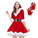 Giugio Weihnachtsmann Kostüm Damen, Rot Weihnachtskostüm Frauen Nikolaus Kostüm mit Kapuze, Weihnachts Cosplay kostüm, Weihnachten Karneval Fasching Samt Umhang Kapuzenmantel Kostüm