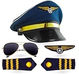 Pilot Set Kapitän Fasching Karneval für Herren Kostüm mit Schulterklappen Streifen, Pilotenhut, Pilotenmütze, Abzeichen für Pilotenkostüm