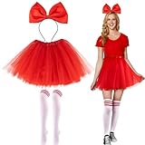 BOFUNX Damen Schokobons Kostüm, Rot Tüllrock Tutu Rock + Haarreif groß Schleife Haarband + Gestreifte Kniestrümpfe für Fasching Karneval Mottoparty Kostüm Accessoires