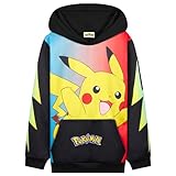 Pokemon Hoodie Jungen, Warmer Kapuzenpullover mit Bündchen & Kängurutasche - Pikachu Geschenke für Jungs (Schwarz/Bunt Pikachu, 9-10 Jahre)