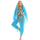 YiZYiF Damen Bauchtanz Kostüm Münzperlen Bauchtanz Oberteil Haremshose Kopftuch Hüfttuch indische Tanzkleidung Karneval Fasching Kostüm See Blau Einheitsgröße