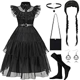 PWOKAO Deluxe Wednesday Kostüm Kinder,8 Stück Schwarzer Kleid mit Perücke & Tasche & Socken Set,Mittwoch Kostüm Kinder Karneval Kostüm Mädchen Fasching Cosplay Party Outfit(M)