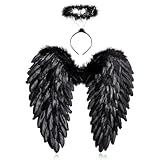 Sunshine smile 60CM Engelsflügel Schwarz mit Heiligenschein,Engel Flügel,Federflügel Engel,Engels Flügel Kostüm,Engel Flügel für Damen und Mädchen,Party Fasching Kostüme Deko,Kostümparty Verkleidung