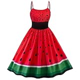 Damen Wassermelonen Kostüm Kleid Karneval Cocktail Kleid Retro Spaghetti Strap Kleid Wassermelonen Print Schlanke Taille Vintage Aufflackern Kleid Großer Saum Spaghetti-Träger Kleid (01-Red, L)