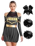 Jowowha Damen Cheer Leader Kostüm Cheerleading Kleid mit Pompoms Haarband Tanzkleid Halloween Karneval Fasching Partykleid Schwarz M