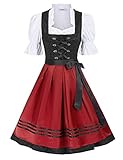 JASAMBAC Damen Dirndl 3 Teilig Oktoberfest Kostüme für Bayerischen Karneval Schwarz+Rot S