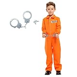 Häftling Kostüm für Kinder, Oranger Gefängnisoverall mit Plastikhandschellen, Knastvogel Insasse Gefängniskostüm Uniform, Halloween Kostüm für Karneval Fasching, Jungen Mädchen (10-12 Jahre alt)