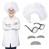TSHAOUN 4 Stück Verrückter Professor Wissenschaftler Perücke mit Brille Nerd Schnurrbart Augenbrauen Herren Weiß Locken Perücke Alter Opa Professor Kostüm Kinder Erwachsene Karneval Halloween(4PCS)