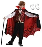 Miulruma Vampir Kostüm Kinder Jungen Halloween Kostüm Verkleidung Deluxe Set mit Umhang Schwarz Kinder-Vampirgebiss Nightglow Tattoo Karneval Mottoparty Dracula Cosplay Party A022B