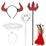 Vokmon 4 Stücke Engel und Teufel Kostüm Hörner Stirnband Set, Magic Zauberstab rotes Teufel Angel Hair Band Winkelfeder Kopfstücksets, Devil Horns Ears Hair Band für Halloween Kostümpartyzubehör