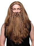 WIG ME UP - Perücke & Bart Herrenperücke Karneval Fasching Wikinger Barbar Viking Zwerg Germane Braun lang geflochten RJ033-P6