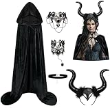 GEEKEO Halloween Kostüm Damen Haarband mit Dämonenhorn, Böse Königin Kostüm Halloween Umhang mit Kapuze, Retro Halskette Armband Teufel Cosplay Set für Karneval Maskerade