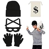 Bankräuber Kostüm, Räuber Kostüm Kinder, Dieb Kostüm Set con Bankräuber Maske, Geldsack mit Dollarzeichen, Strickmütze, Handschuhe, Verbrecher Kostüm für Karneval, Halloween, Einbruch Mottoparty