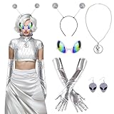 SelfTek Alien Kostüm Damen, 5 Stück Space Kostüm Weltraum Kostüm, Alien Haarreif Alien Brille Karneval Costume für Halloween Cosplay Maskerade Karneval