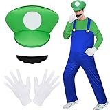 Aomig Kostüm Erwachsene, 4 Stück Bros Cosplay Kostüm mit Mütze Hose Bart Handschuhe, Kostüm Set Männer Damen, Erwachsene Outfit für Weihnachten Karneval Faschingskostüme (Grün,L)