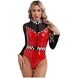 dPois Damen Rennfahrerin Kostüm Sexy Boxenluder Kostüm Einteiler Bodysuit Langarm Lackleder Body Langarm mit Mesh Halloween Karneval Kostüm Rot XXL