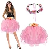 Tüllrock Damen Tütü Damen Mit Girlanden Stirnband, Tutu Damen Klassisch Rock Ballett Tüllrock Petticoat Unterrock 50er Tüllrock Karneval, Karneval Kostüm Damen Tüll Rock Tütü Rock Tutu Röcke (Rosa)