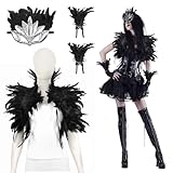 LOHAME 3tlg Halloween Schwarze Federumhang Gothic Feder Schal mit Manschette Maske Federschal Damen Böse Königin Kostüm Zubehör für Halloween Fasching Karneval Maskerade Black Swan Kostüm Frauen