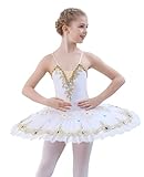FONLAM Ballettkleid für Mädchen Tänzerin Kostüm Balletttrikot Tanzkleid Tanztrikot Ballettkleidung Besticktes Ballett Tutu Kinder (Weiß, 5-6 Jahre)