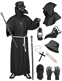 Geplaimir Pestdoktor Kostüm Herren Pestarzt Karneval Kostüm Plague Doctor Cosplay Outfit mit Pestmaske Zepter Hut Handschuhe Mittelalter Steampunk Pest Kostüm für Halloween Fasching G072S